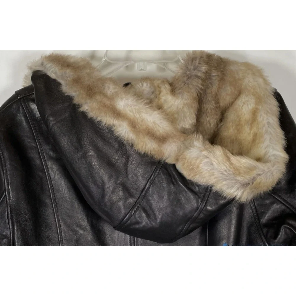 Wilsons Vintage USA Mens Genuine Leather Faux Fur Hooded Belted Jacket Medium